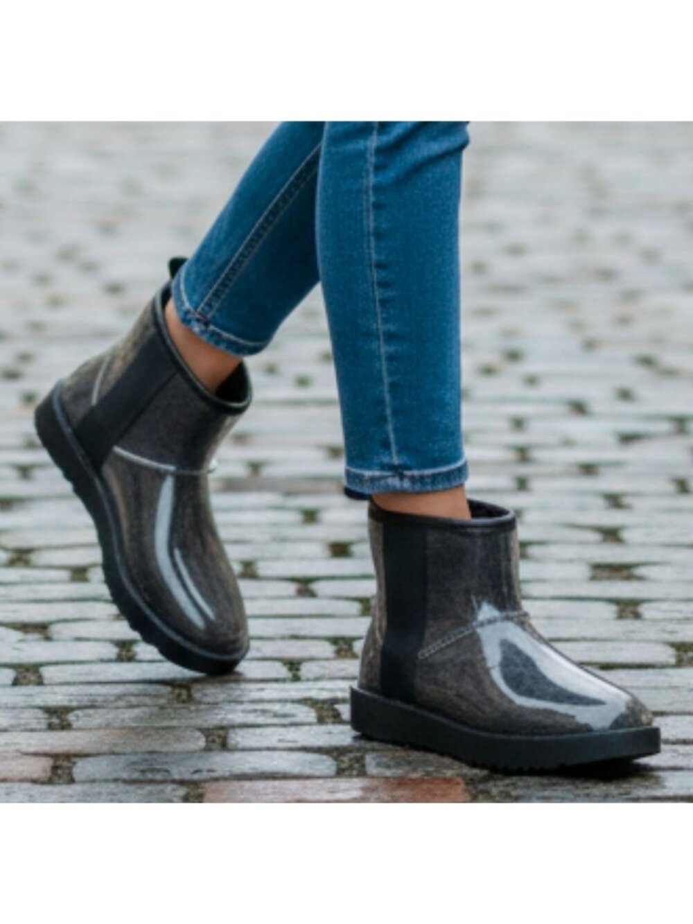 Transparent Waterproof Ankle Boots With Non-Slip Soles Sleek Black Finish Durabl